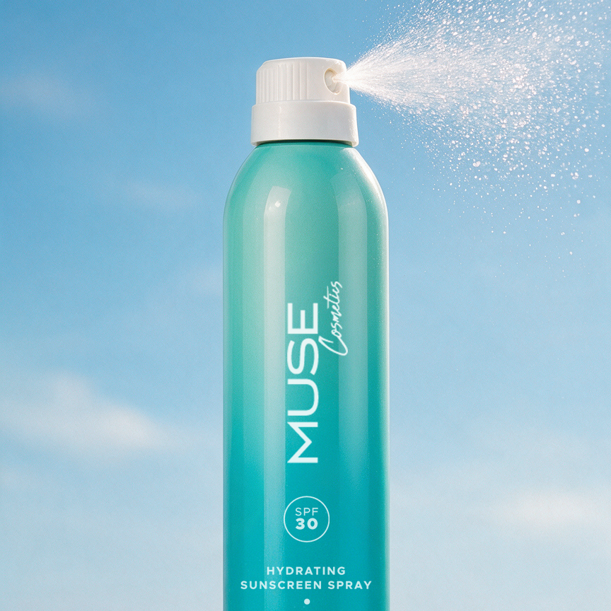 Fine mist from the MUSE SPF 30 sunscreen spray