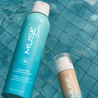 MUSE SPF 30 Body Spray packaging with BOV technology + MUSE SPF 50 Face Mist